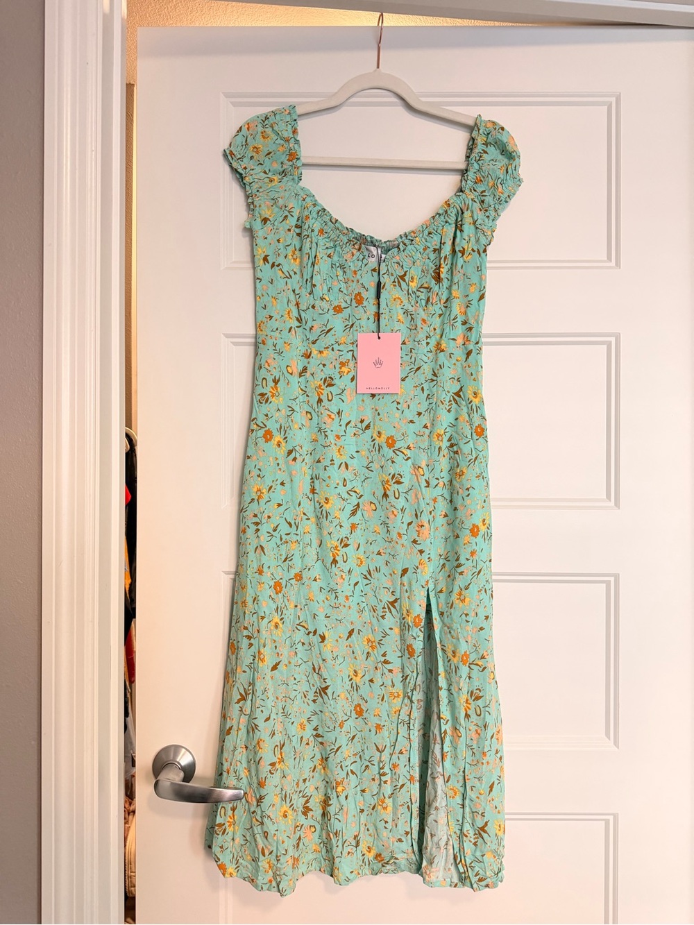 Hello Molly Mint Green Floral Puff-Sleeve Midi Dress